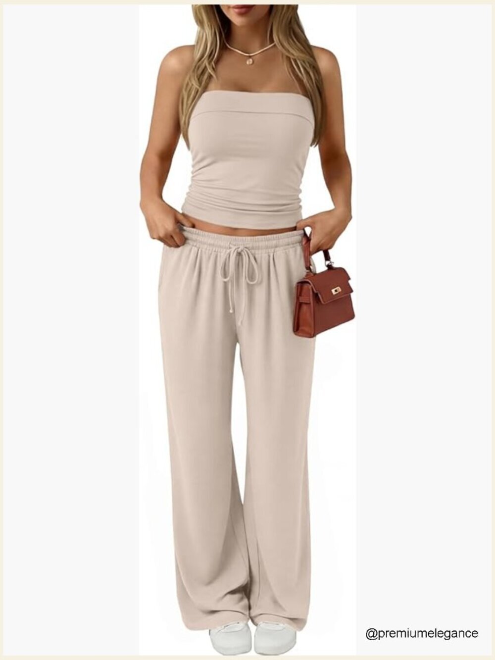 2 Piece Vacation Outfit Tube Top Wide Leg Pants Set Spring Travel